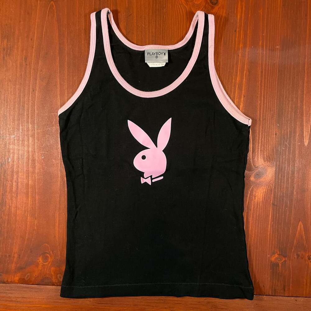 Playboy Tank Top Size S Black Pink Bunny Logo Y2K Vintage